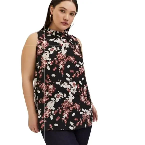 Torrid Georgette Mock Neck Tank Top Size 5X Black Floral Print Ruffle Trim NWT - Picture 1 of 9